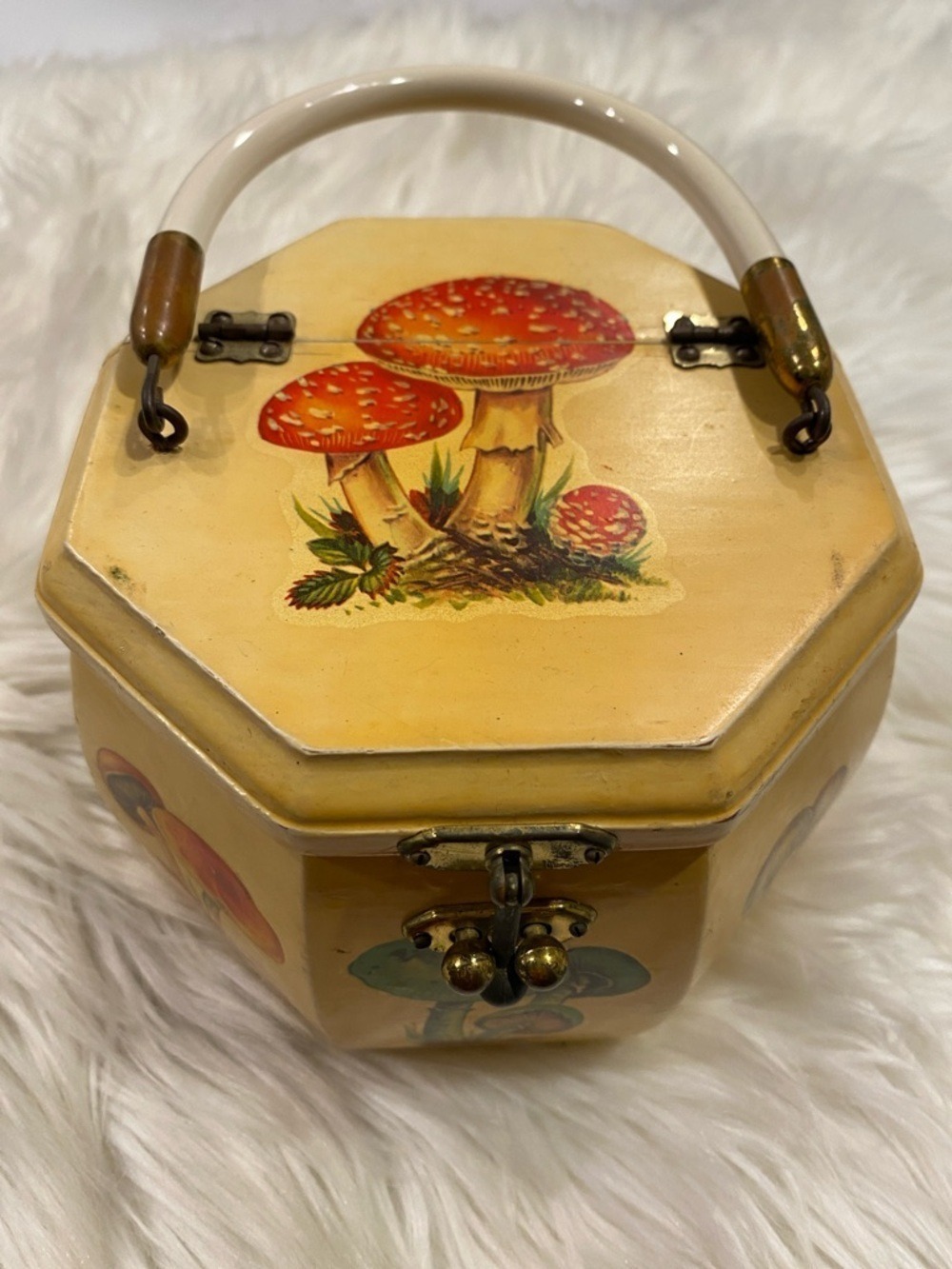 Vintage Mushroom wooden Box with Handle handbag- Yellow & Red